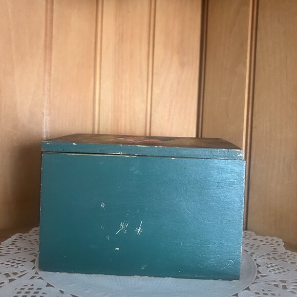 Vintage Hand Painted Rustic Wooden Recipe Box Green Rooster Storage Box Kitchen - Picture 7 of 7